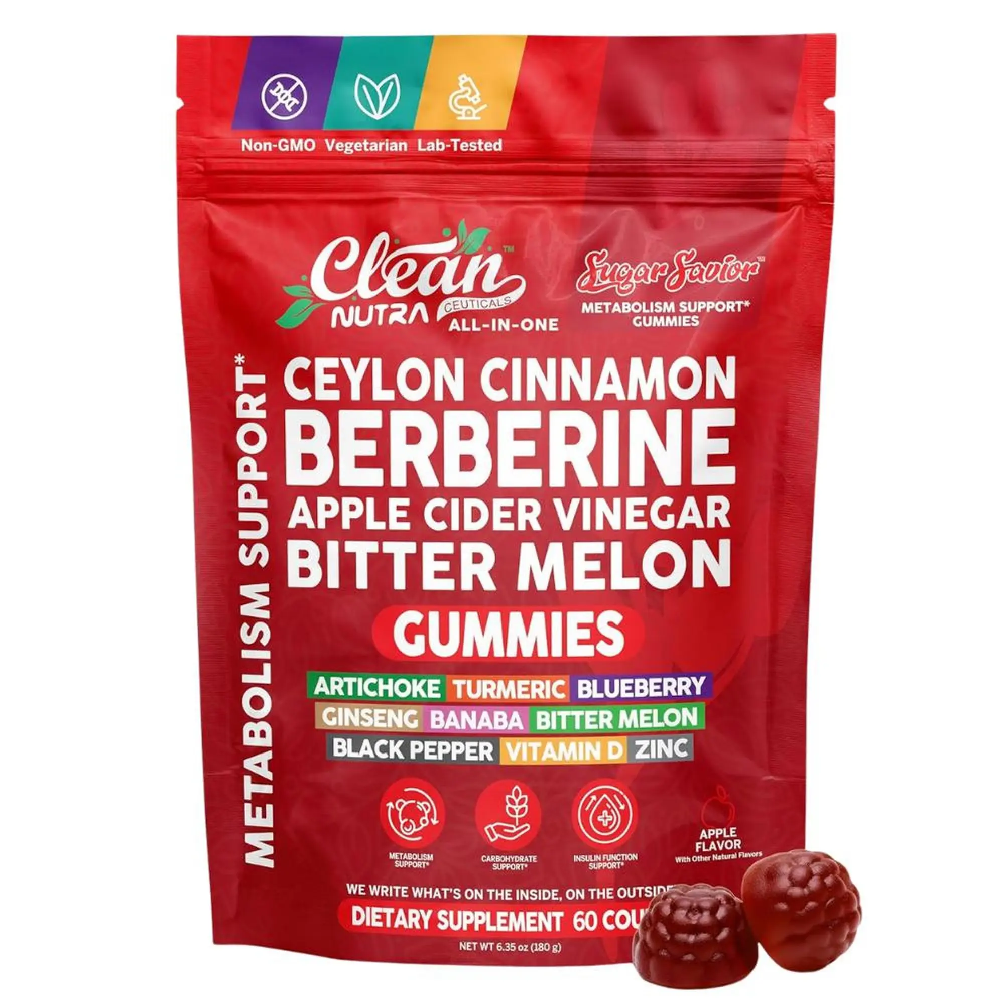 Clean Nutra SugarSavior – Metabolic Wellness Support Ceylon Cinnamon Berberine Gummies & Apple Cider Vinegar