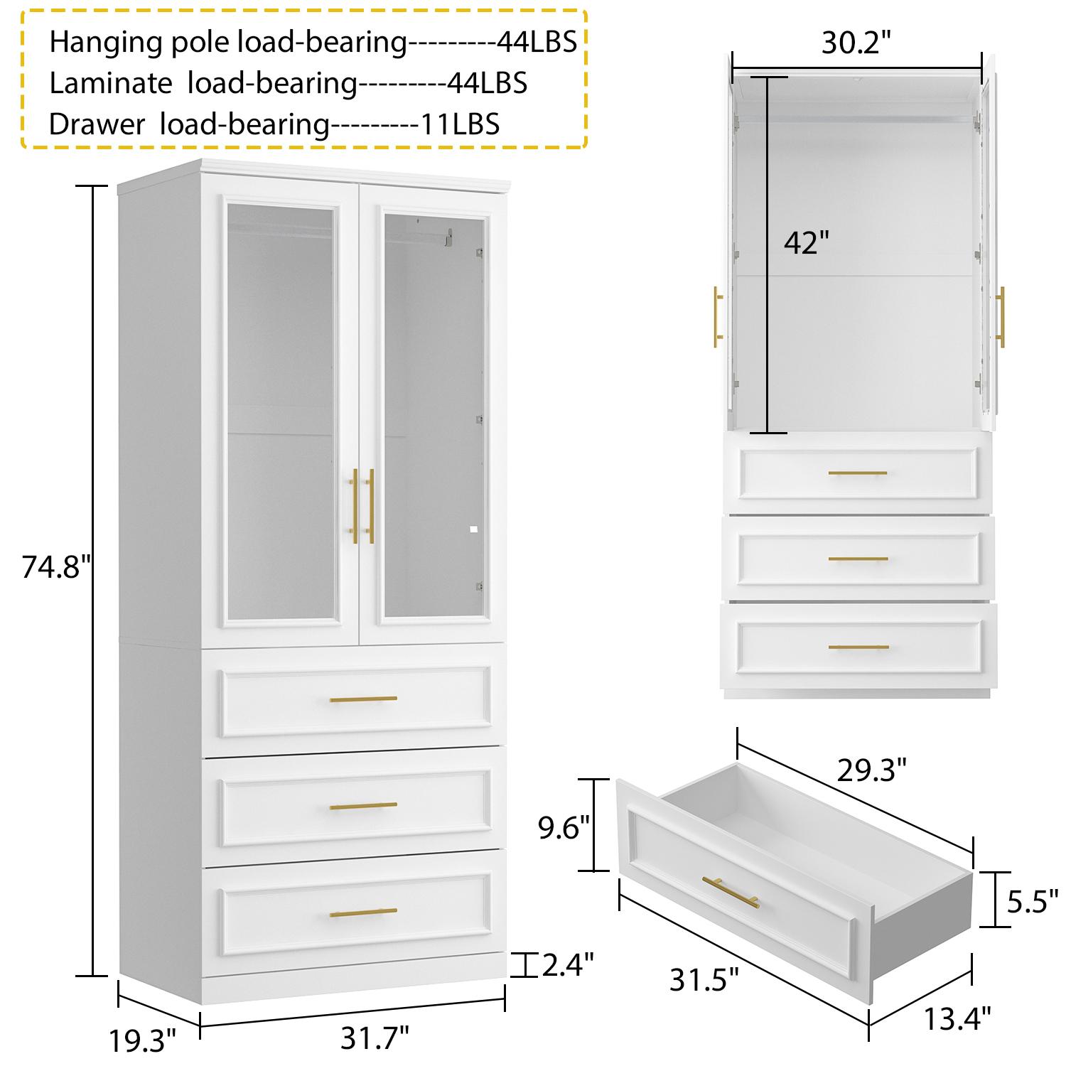 FUFU&GAGA Modern White Wardrobe Cabinet with 8 Doors, Hanging Rods, Gold Handles, Glass Doors, and 3 Drawers, Perfect for Bedroom or Cloakroom Furniture
