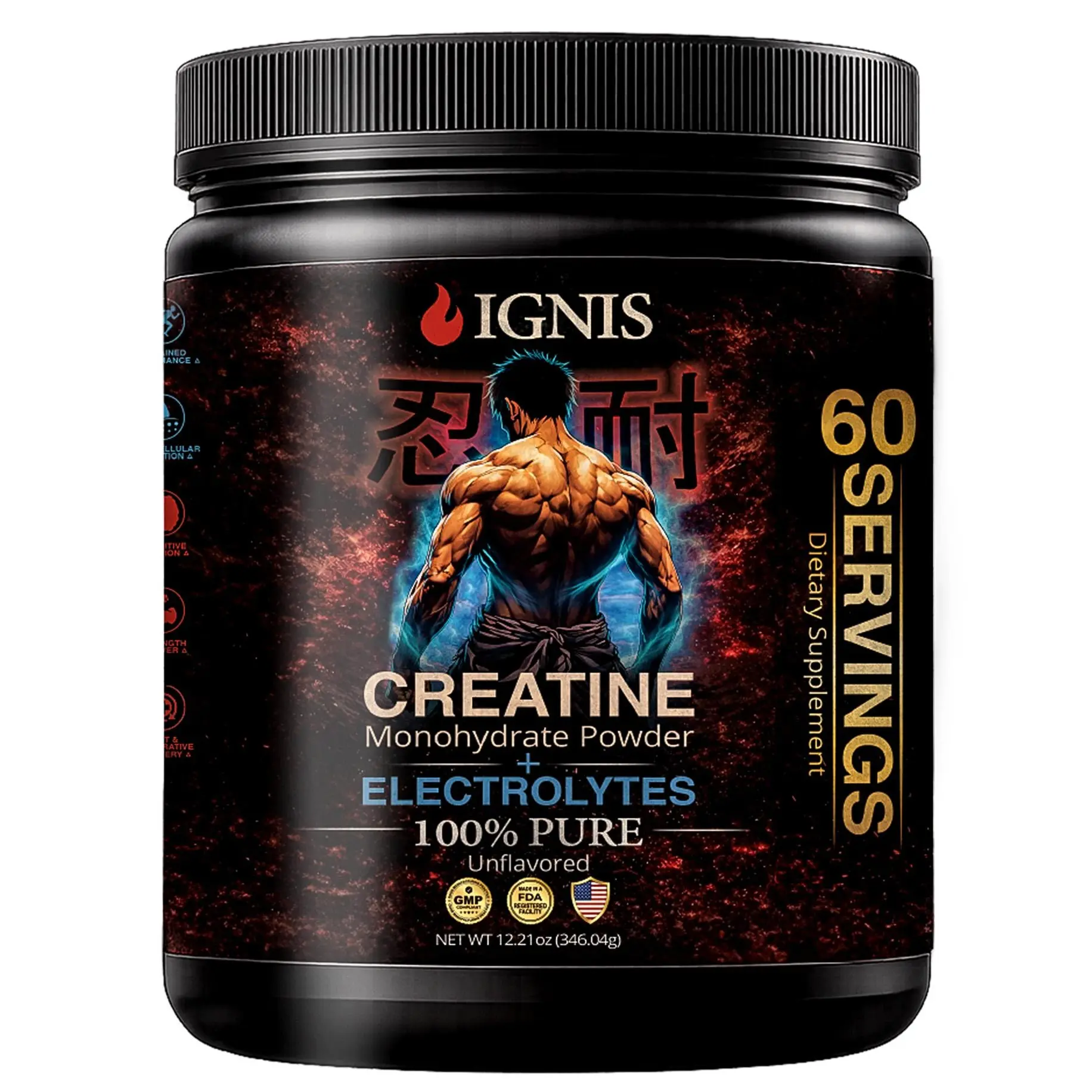 IGNIS Creatine Monohydrate Powder + Electrolytes | 100% Pure Unflavored | 60 Servings | Sugar Free | Keto & Vegan Friendly | Lab Tested | Made in USA