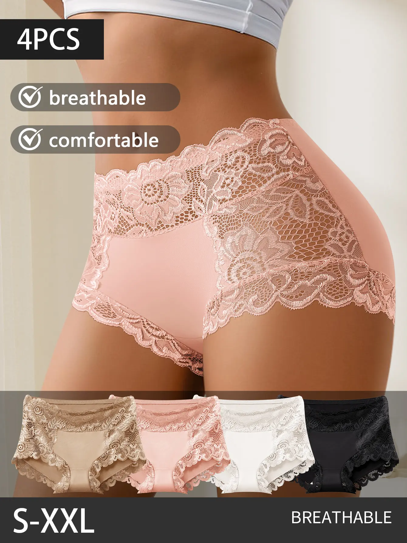 QUASTI 4PCS Women's High Waist Floral Lace Bikini Panties, Lightweight Seamless Comfort Underwear Briefs , Soft Breathable Skin-Friendly Underwear, Fashion Panties for Every Day Wear, S-XXL
