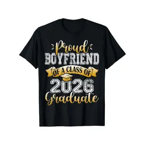 Men'S Proud Boyfriend of a Class of 2026 Graduate Funny Senior T-Shirt - Black with Golden Lettering & Diploma Design, Casual Short Sleeve Round Neck Graduation Party Outfit, Comfortable All-Season Fit for Graduation Events & Celebrations