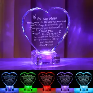 Sentimental Gifts for Mom Birthday Mothers Christmas Day, Love Crystal Gifts for Mom from Daughter Engraved Crystal Heart with Rechargeable Color-Changing LED Base