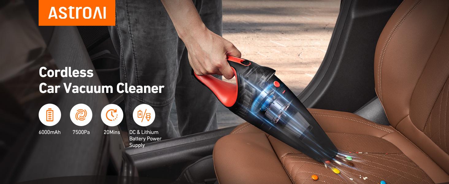 AstroAI Handheld Car Vacuum Cordless with Accessories, Portable Vacuum Cleaner with 12V DC Power, LED Light, Brush, Extended Suction Pipe, Hose, Mini Handheld for Car, Home, Office, and Pet Hair, Red