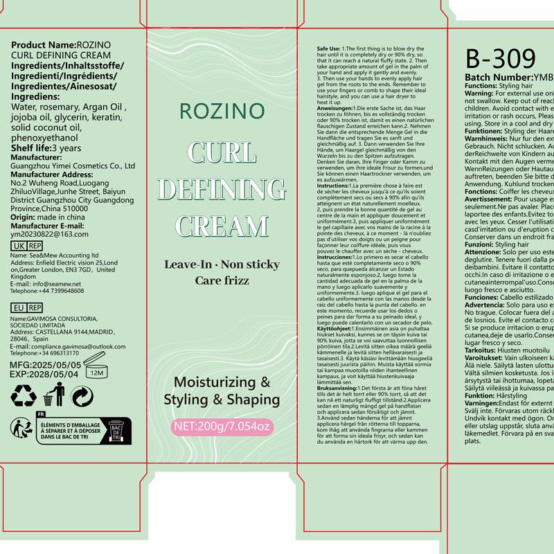 ROZINO Curl Defining Cream - Gentle Non-Washing Formula for Healthy Curls & Frizz Control - 200g Moisturizing Styling Shaping Leave-In Product