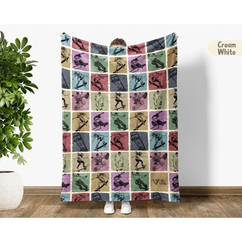Vintage Skateboarding Gift Blanket, Skateboard Lover Throw, Cozy Sports Fleece Blanket, Unique Skateboard Decor, Skateboarding Graphic Gift
