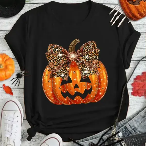 [100% Cotton]    Pumpkin Leopard Coquette Bow Girly Women Girls Halloween T-Shirt Print Round Neck Short Sleeve Streetwear Fashion Breathable Homme Soft Unisex Designer Clothes For Women Casual Clothes,Hoodie And Sweats Golf Gift T-Shirt For Men And Women