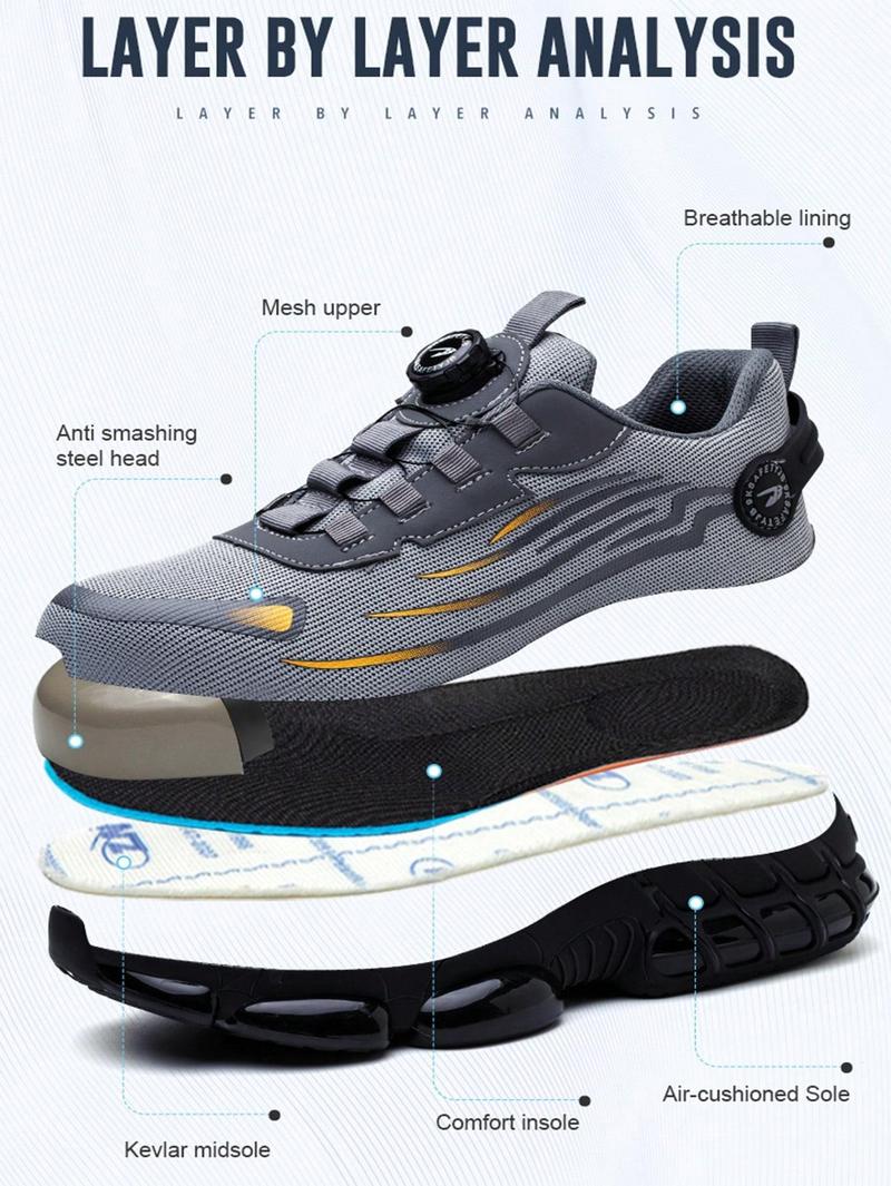 Men's Breathable Mesh Work Sneakers Durable Anti-Slip Safety Shoes with Steel Toe Protection Comfort Fit for All Seasons Casual Striped Design Elastic Closure Non-Slip EVA Sole Black Gray Soft Bottom Fabric Upper TPU Outsole