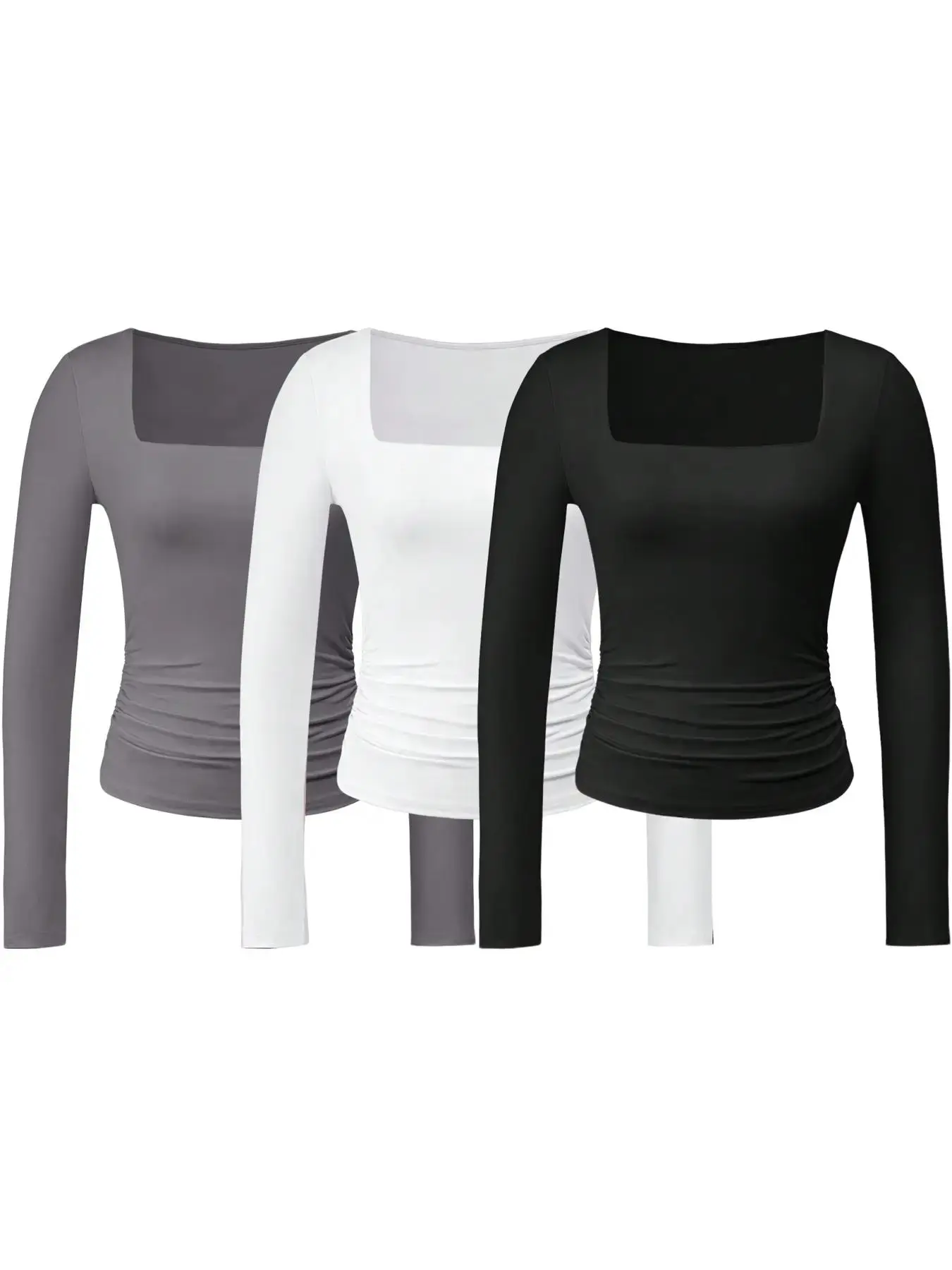 Women's Plain Ruched Square Neck Tee, Casual Classy Long Sleeve T-shirt for Spring & Fall, Women's Top for Daily Wear Fit