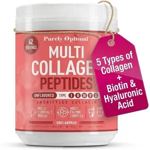 Purely Optimal Multi Collagen Peptides Powder – 5 Types Hydrolyzed Collagen with Biotin, B12 & Hyaluronic Acid for Hair, Skin, Nails, Bones & Joints, Unflavored, 16 oz (42 Servings)