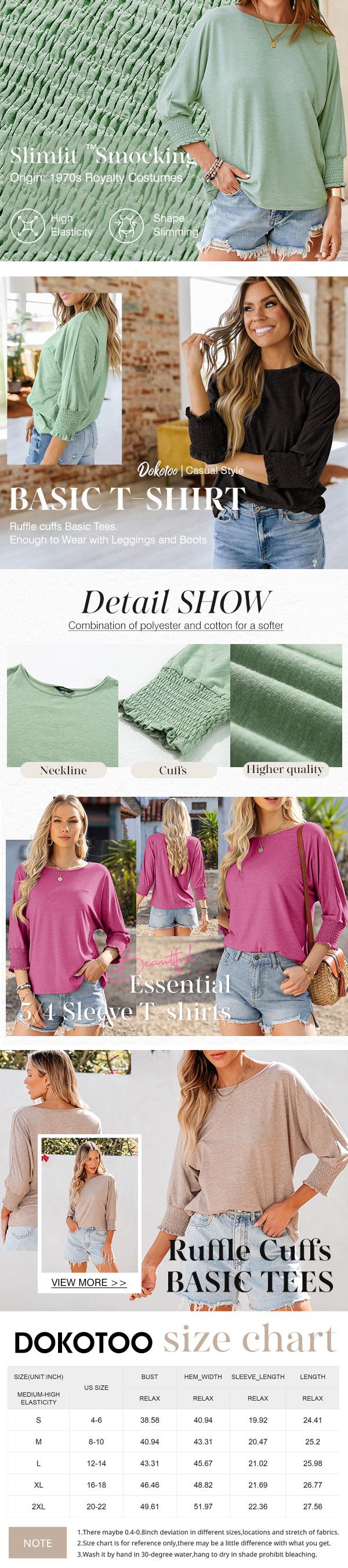 Dokotoo Women's 2026 Fashion Tops 3/4 Sleeve T-Shirts Cute Crewneck Basic Business Tees Blouses Casual Summer Wear Super Soft Breathable Fabric