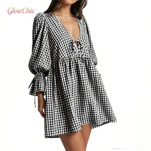 Women Mini Dress Short Sleeve V Neck Plaid Dress Summer Dress for Casual Daily Dating