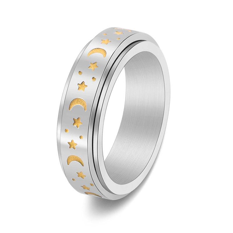Stainless Steel Glow Moon and Star Spinner Ring Fidget Jewelry Gift for Men and Women