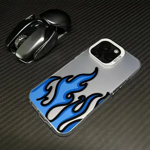 Hand drawn black border blue flame fashionable TPU laser process iPhone phone case 17 16 15 14 13 12 11 anti drop protection