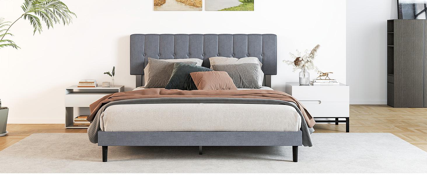 Full Size Platform Bed - Fabric Upholstered Sturdy Wood Slats No Box Spring Needed Modern Design with Upholstery