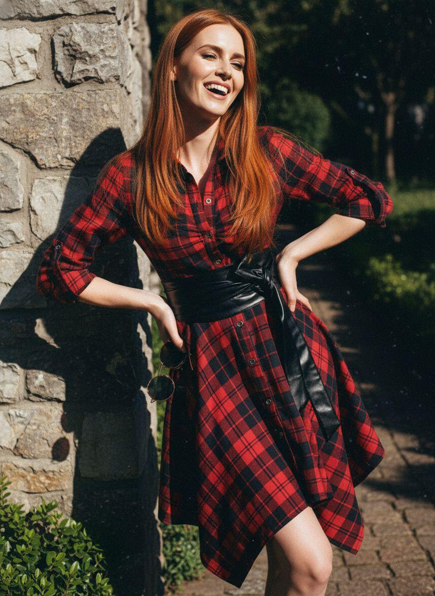 1950S 3/4 Sleeve Plaid Belt Dress Casual Outfits Women Collared Black Vintage Check Leather Womenswear