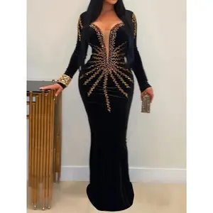 Royal Blue Velvet Dress Ladies Long Sleeve Dress |         Elegant deep V-neck, flared hem cut, shiny embroidery details, perfect for autumn and winter parties and formal events