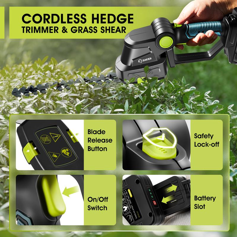 [ Valentine's Day gifts ] Saker Cordless Shrub Trimmer - 20v electric shrub Trimmer Hand-held grass trimmer with 2 rechargeable batteries and charger for garden, lawn, etc