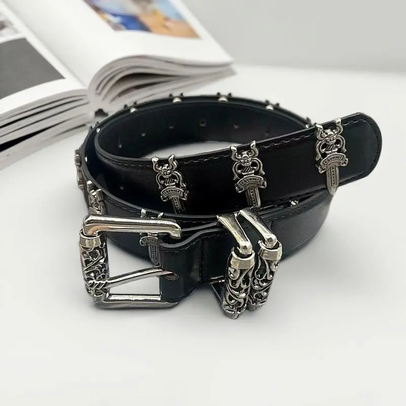 Unisex Black Studded Vine-Carved Cross Buckle Leather Belt - Goth Punk Style, Waistband Fit, Vintage Streetwear Accessory, Quality Leather, 100cm/110cm/120cm, Ideal for Jeans & Gifts (Sports & Outdoor Ball Sports American Football Complement), Multi-Size