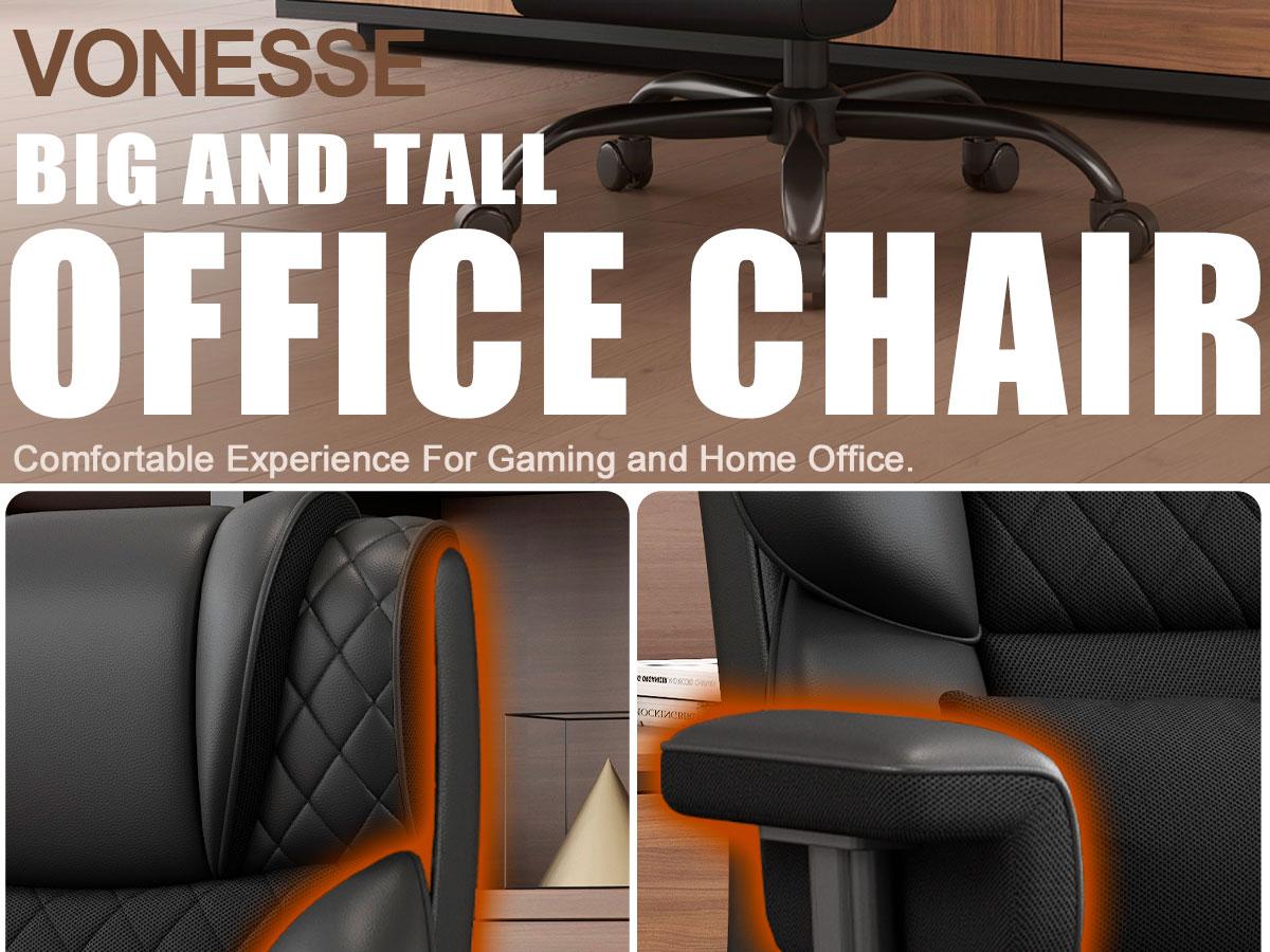 Vonesse Big and Tall Office Chair, Computer Chair with Soft Adjustable Armrests, Ergonomic Gaming Chair with Breathable Linen Design, Executive Chairs with Footrest V3048A