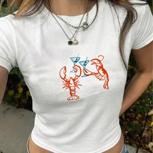 Lobster Coquette Women's Fitted T-Shirt, Retro 90s Y2K Cocktail Seafood Women's Baby Tees, Gift for Her