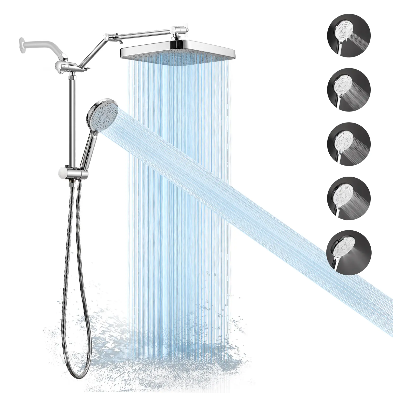 NGNP 12-inch wide shower head with handheld sprayer, high-pressure rainfall, dual shower head combo, adjustable metal extension arm, detachable shower head, rainfall shower head, multi-mode handheld spray, chrome finish. Bidet Steel Stainless Head Set