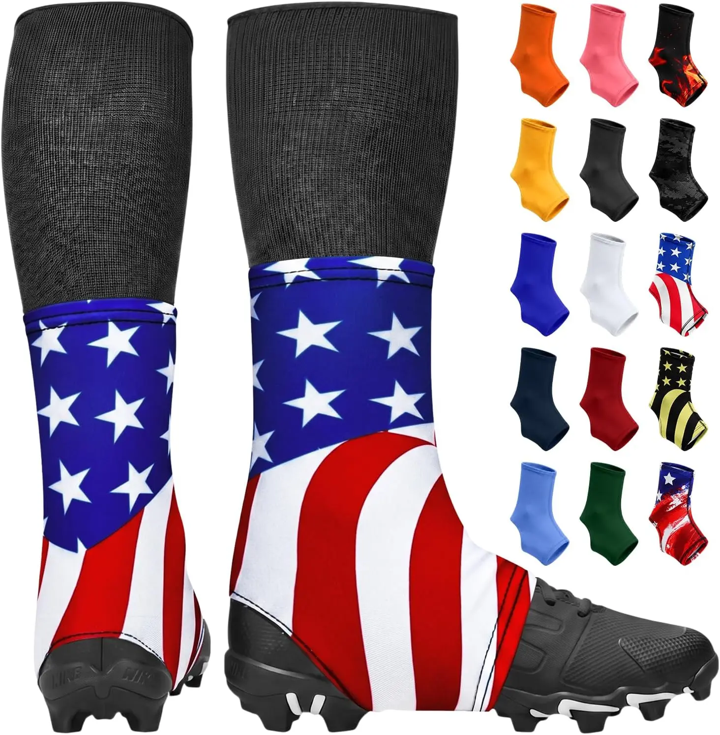 Spats Football Cleat Covers - Keep Your Laces Tied and Cleats Clean, Football Spats for Cleats, Perfect for Baseball, Soccer, Lacrosse, Hockey - Adult & Youth Sizes (USA Flag Brushy)