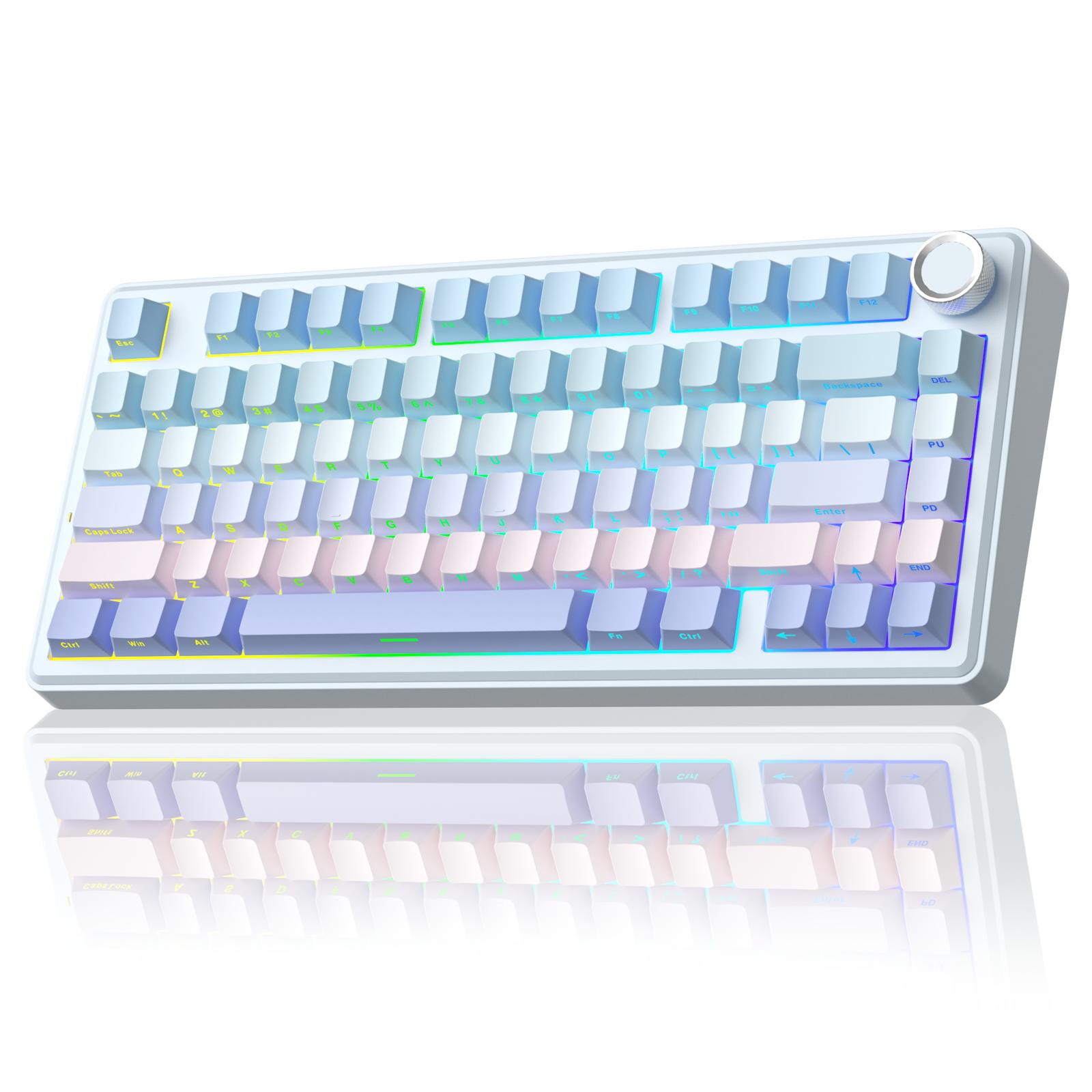SOLAKAKA A75 Wireless 75% Mechanical Keyboard features hot-swappable keys, RGB lighting, a multi-function knob, sealed keys, PBT keycaps, and a creamykeyboard design. It is suitable for PC/Mac.