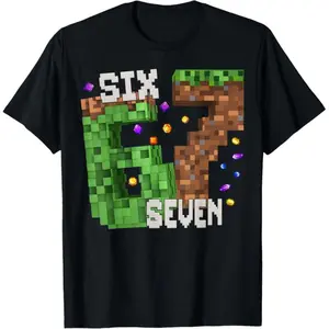 Funny Pixel Six Seven 67 Gamer Birthday T-Shirt for Men Boys Kids Premium Soft Combed Ring-spun Fabric Classic Fit Elastic Ribbed Neckline Summer Tee
