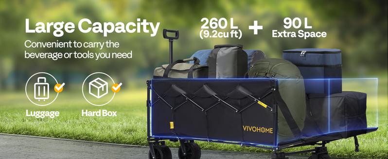 VIVOHOME 48''L Extended Collapsible Wagon Cart with 440lbs Weight Capacity, Heavy Duty 350L Folding Utility Garden Cart with Extended Tailgate and Big All-Terrain Beach Wheels