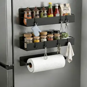 Magnetic Fridge Organizer Rack Set of 2, Heavy Duty Magnetic Spice Rack for Refrigerator, No Drilling Magnetic Shelf Storage with Hooks for Kitchen, Coffee Bar, Microwave or Washing Machine, Space Saving Appliance Side Organizer Rack, Matte Black