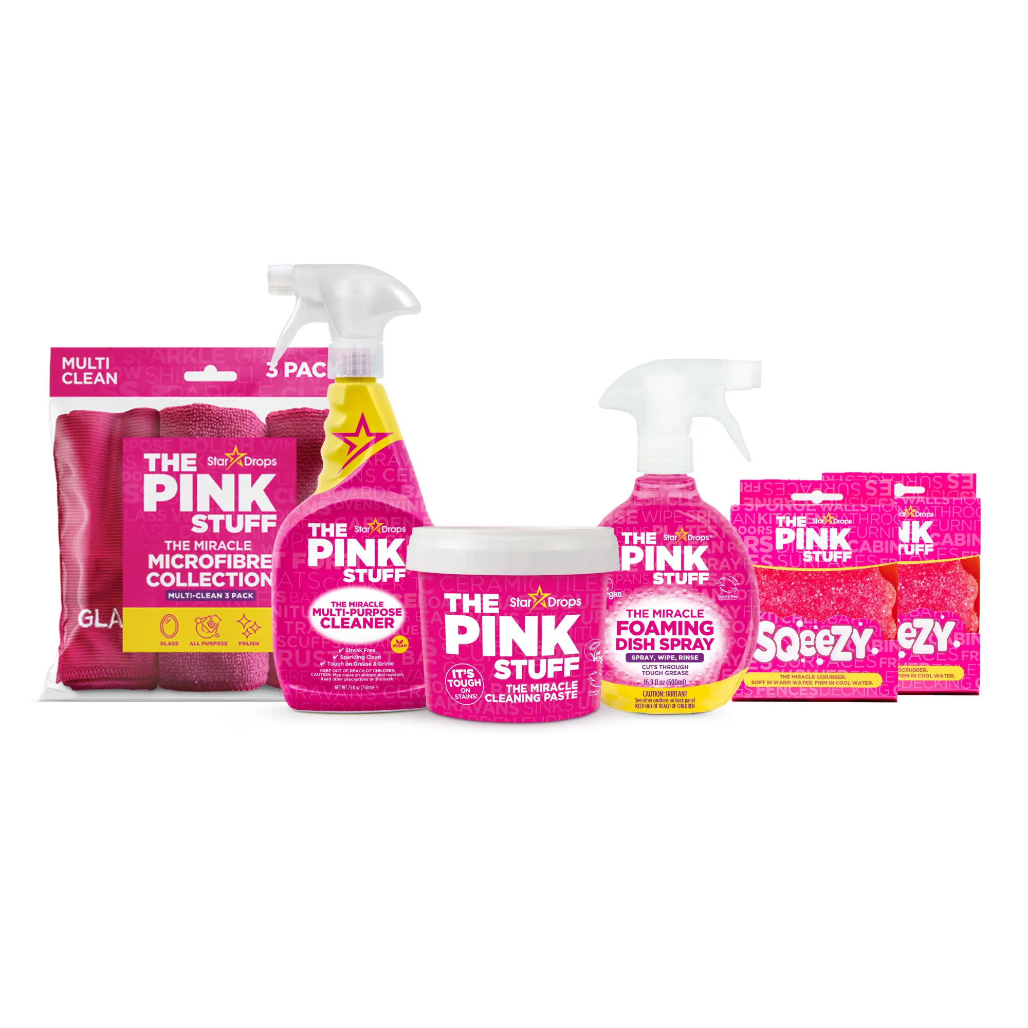 The Pink Stuff Kitchen Essential Bundle - Miracle Paste 500g, Dish Spray, Multi Purpose Spray 750ml, 2 SqeezY Sponges, 3 Microfiber Cloths for Grease & Daily Cleaning