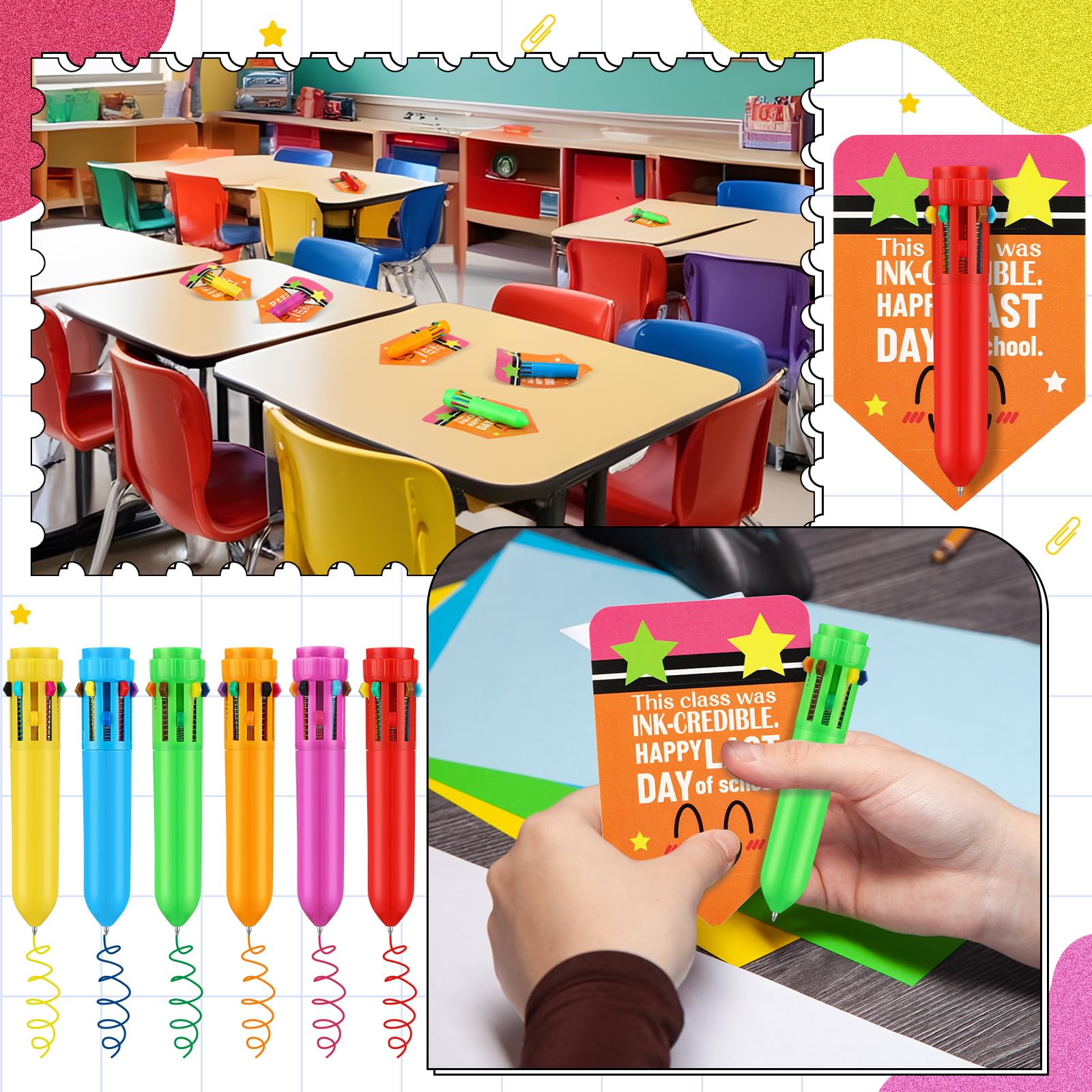 End of Year Gift for Student Classroom Inspirational Gift with Multicolor Ballpoint Pen and Cards Retractable Cute Pen Classroom Small Gift Stationery Supplies for School Student Gift Exchange, Graduation Gift