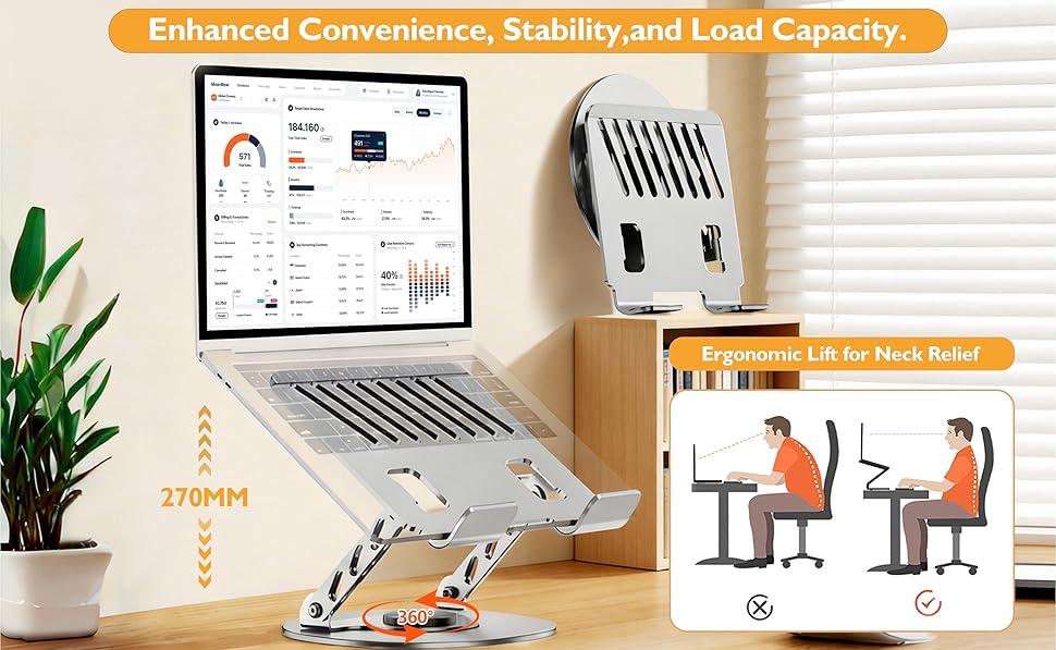 【360° Rotating Laptop Stand】Adjustable Foldable Aluminum Laptop Stand, 2-in-1 Multifunctional Laptop Stand Hub for Gaming laptop & Mobile stand,Gray