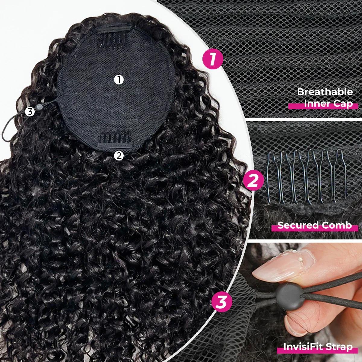 ISEE HAIR Ponytail Water Wave & Kinky Curly & Kinky Straight InvisiFit Strap Cap With Clip In 100% Human Hair#SpringStatements