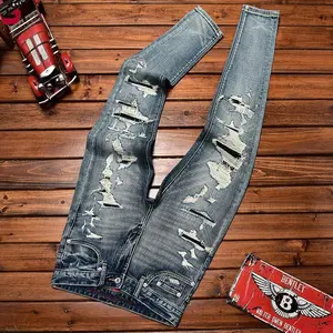 2025 Men's Fall Slim Fit Skinny Ripped Patch Scraped Denim Trousers for Street Style