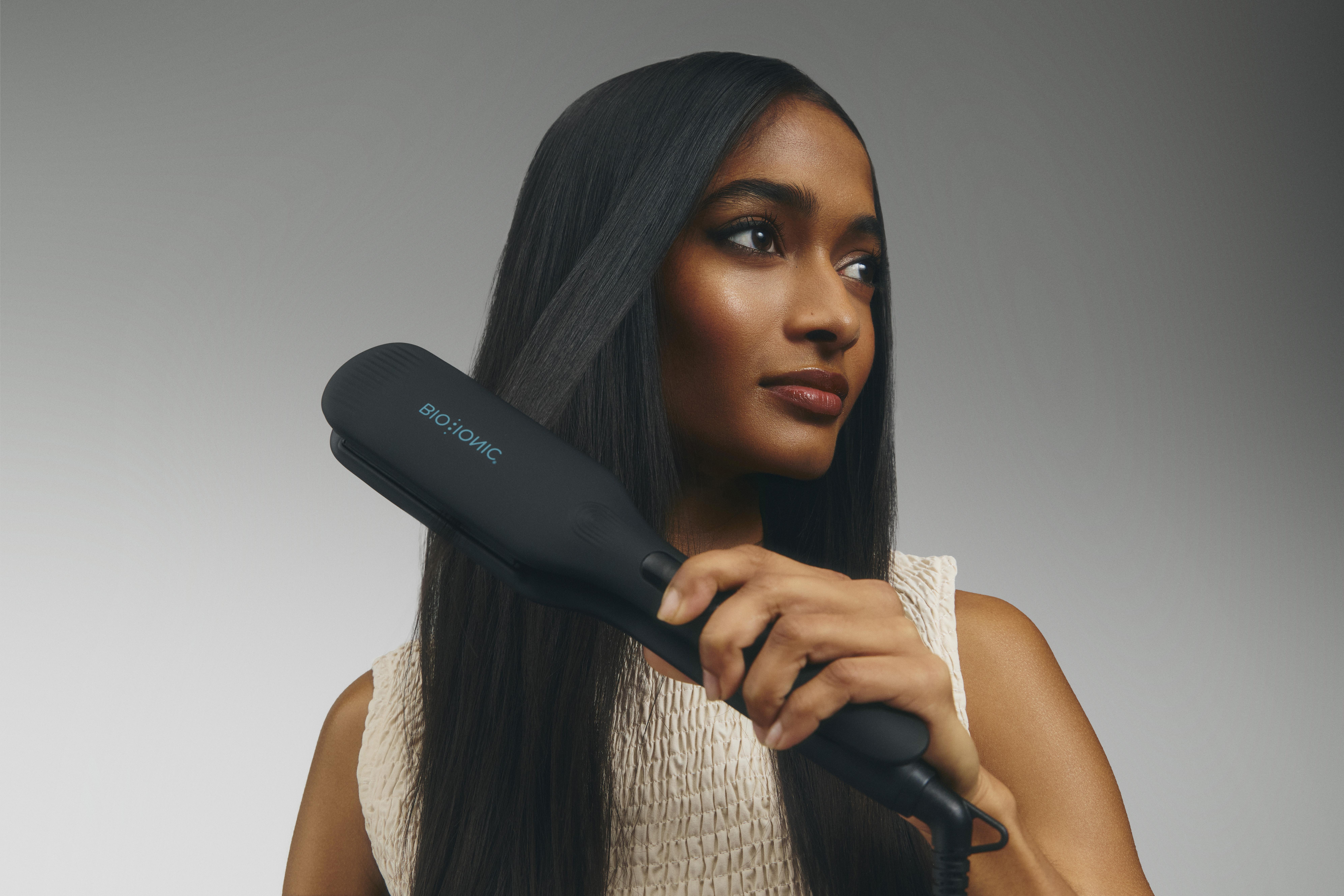 BIO IONIC OFFICIAL: OnePass Styling Iron - Ceramic Plates Hair Straightener For Effortless, Smooth Straight Styles, with Silicone Strips, Auto Shut-off, Flat Iron For All Hair Types
