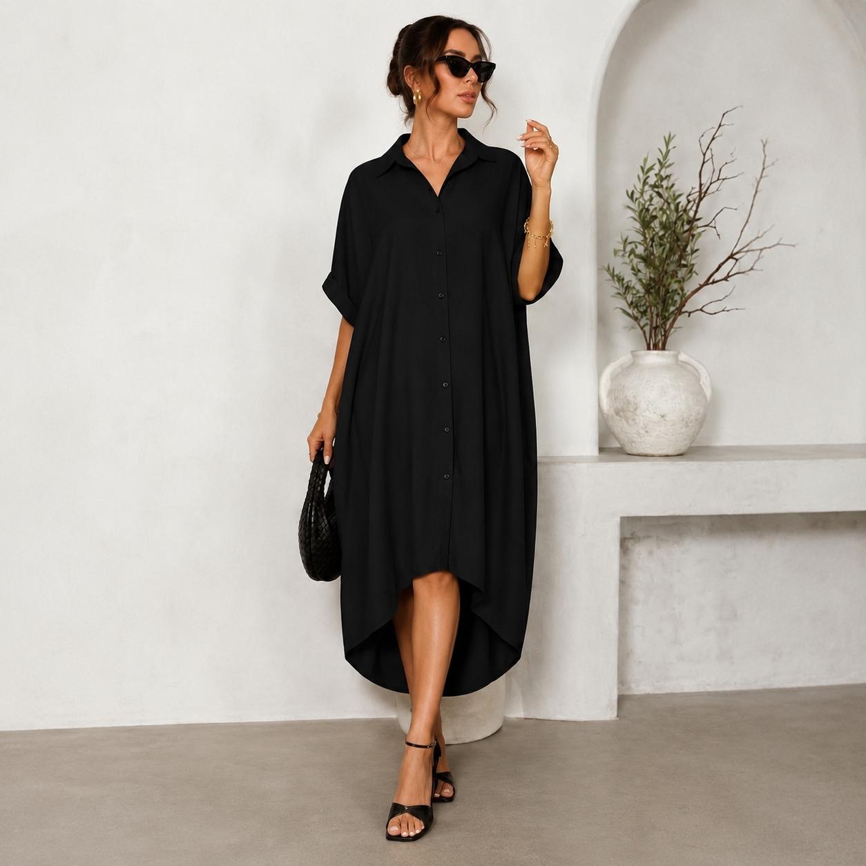 Elengatine Women Sexy Black Shirt Dress, Classic Turn Down Collar Button Up Dress, Short Sleeve Midi Dress with Curved Split Hem, Chic Baddie Aesthetic Streetwear, Casual Loose Flowy A Line Summer Sundress Elegant Polyester