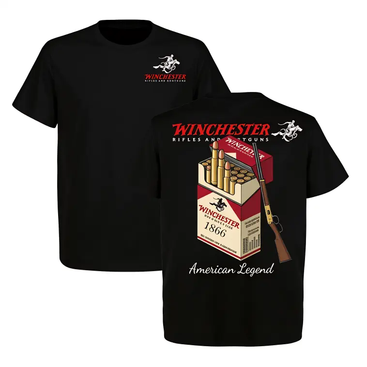 Men's Soft Breathable Cotton Graphic Top, Vintage Short-Sleeve Round Neck T-Shirt with 1866 American Legend Rifle Print for Hunting, Sturdy Hem, Shortsleeve, Casual, Menswear, Ribbed, Fabric, Stretchy, Men's Graphic Tees, Crew Neck, Graphic Print