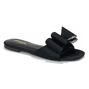 Fronti - Satin Bow Flat Slides with Rhinestones Inside the Bow Open Toe Summer Plain Walking Shoes for Casual Wear - Footwear
