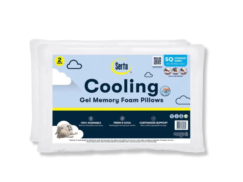Serta 2-Pack Rectangular Cooling Gel Foam Bed Pillows - Head Alignment Support, Micro-Cushion Comfort, Washable Design for Camping, Hiking