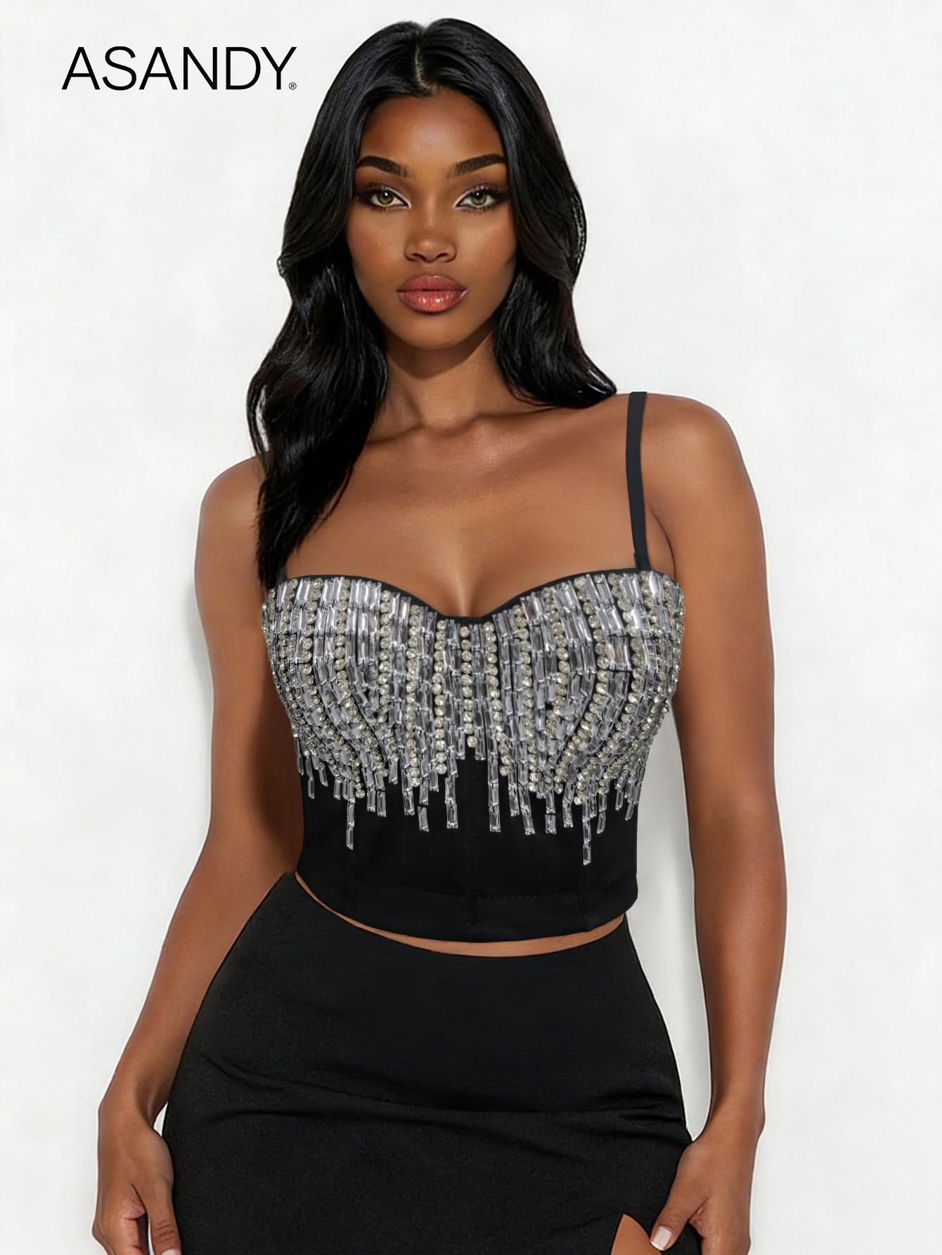 ASANDY Women’s Rhinestone Fringe Bustier Crop Top, Sweetheart Neck Spaghetti Strap Beaded Party Top for Club Nights & Date Nights