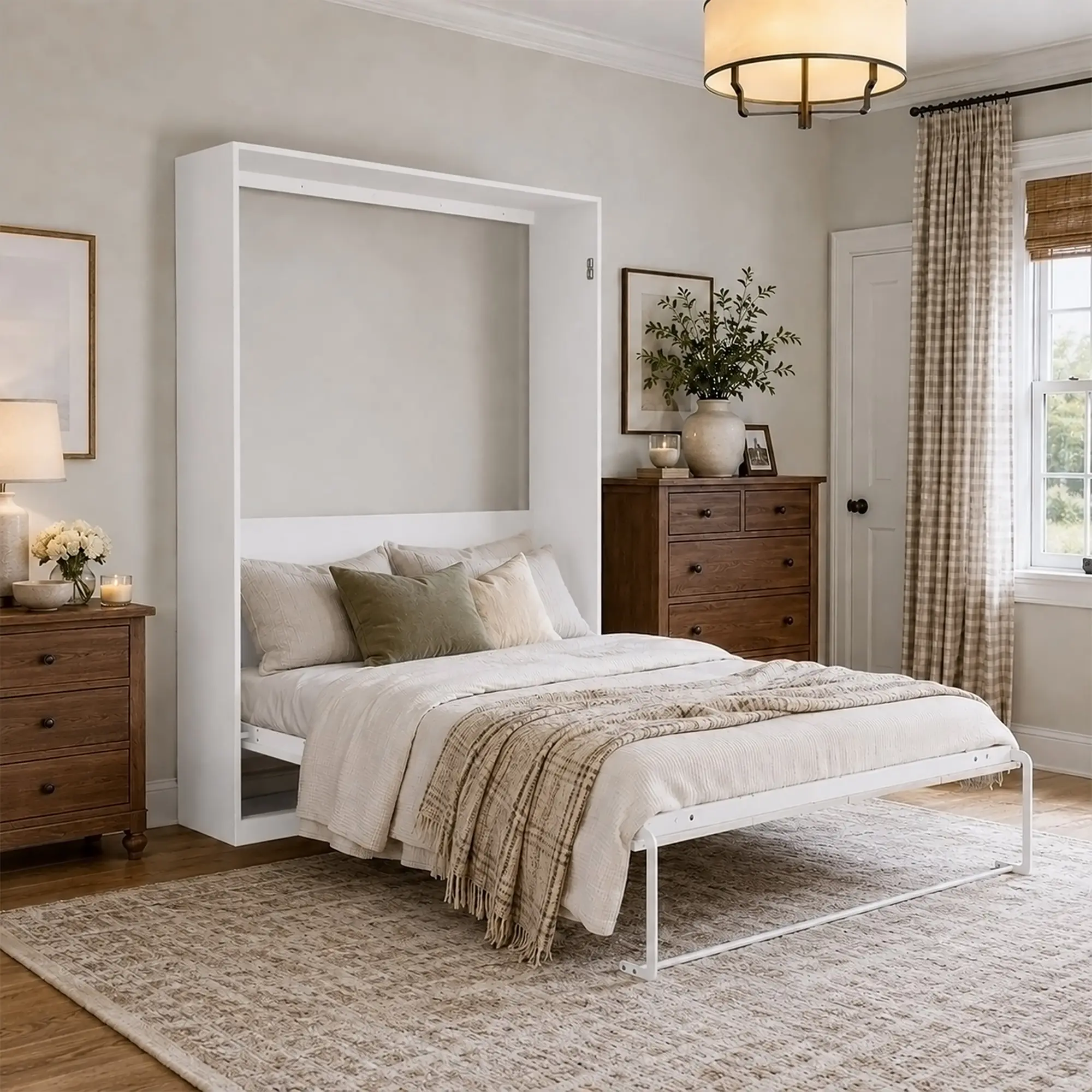 FUFU&GAGA White Murphy Bed with Cabinet, Full Size Wall Bed, Foldable Hidden Murphy Bed Frame with 4 Door Storage Cabinet for Guest Room Bedroom