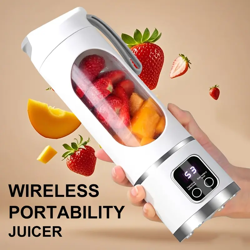 Compact Cordless Smoothie Blender - USB Rechargeable 1500mAh Plastic Body Mini Juicer, 3 Variable Speeds, LED Display, 12-Blade, 15.22oz, Easy Clean, Portable Blender for Smoothies for Travel Use