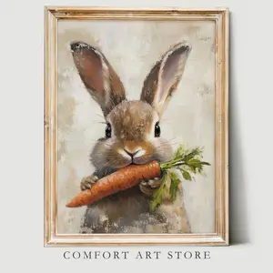 Easter Bunny Print Cute Easter Rabbit Neutral Spring Flower Easter Bunny & Carrot Nursery Wall Art Easter Printable Vintage Decor Rabbit Art