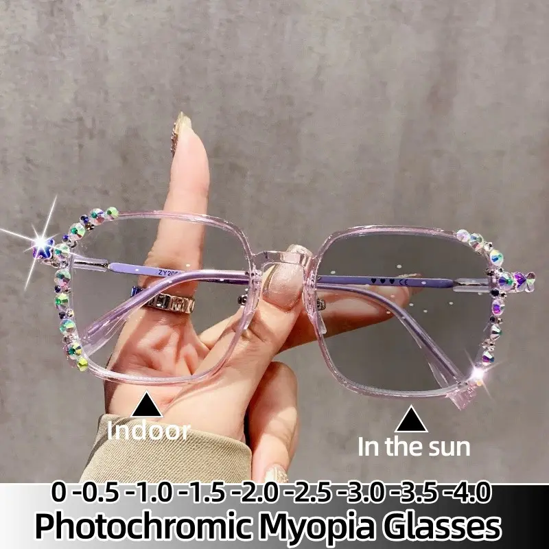 Diamond Jewelry Style Fashion Color Changing Myopia Glasses High-end DIY Photochromic Glasses for Women Minus Diopter Eyeglasses