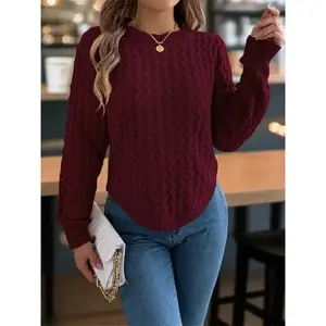 Women's Textured Curved Hem Cable Knit Sweater, Casual Long Sleeve Round Neck Jumper for Fall & Winter, Fashion Ladies' Knitwear for Daily Wear Can be used with raincoat Fabric Basic Crewneck Fitted