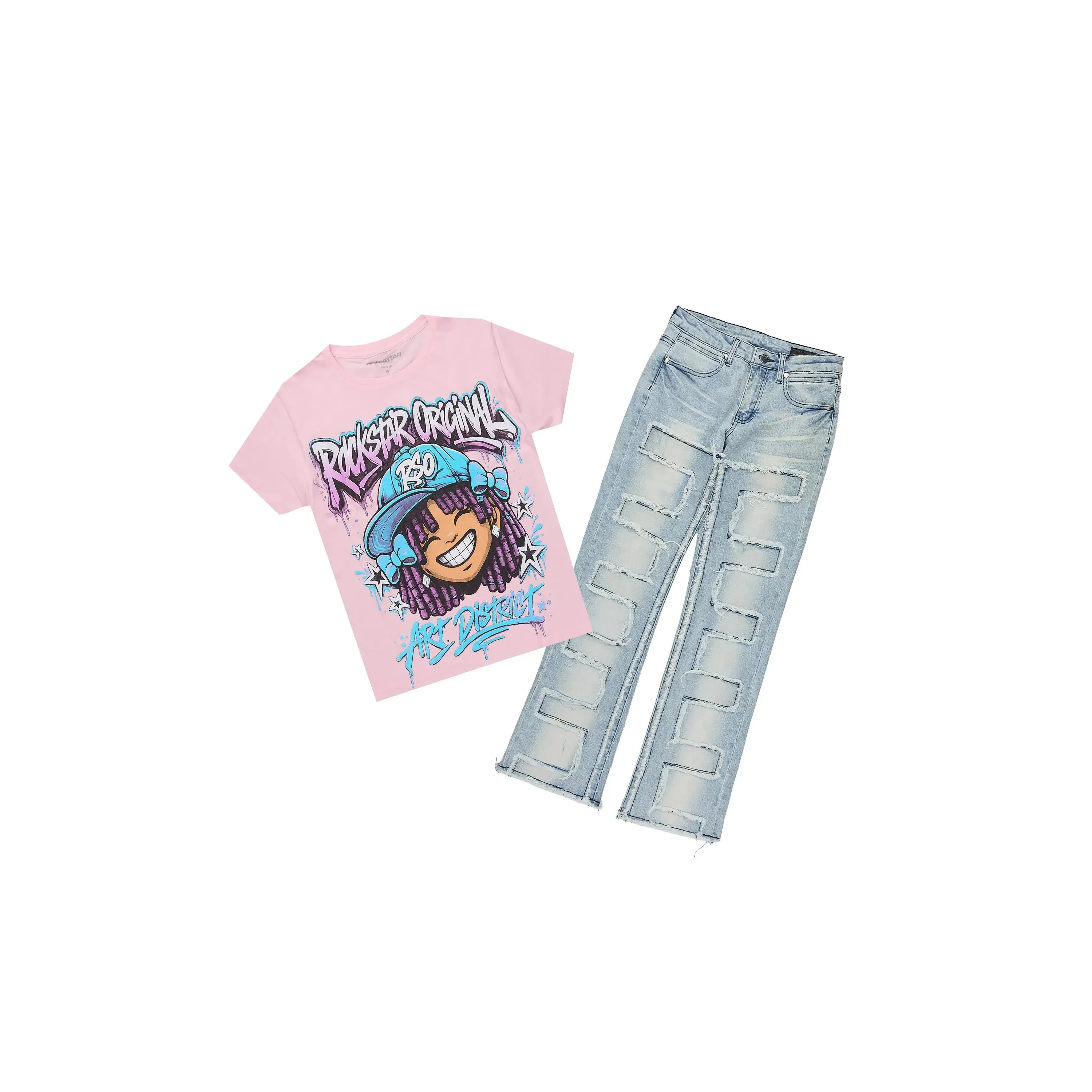 Girls Aze Pink/Light Wash T-Shirt Stacked Frayed Jean Set