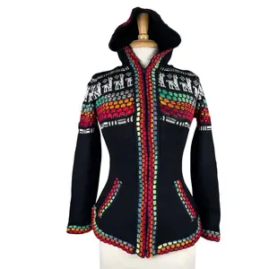 Peruvian Artisan Soft Hooded Alpaca Sweater Black Colorful with Zipper Pockets & Llamas Design for Women Winter Wear Size S