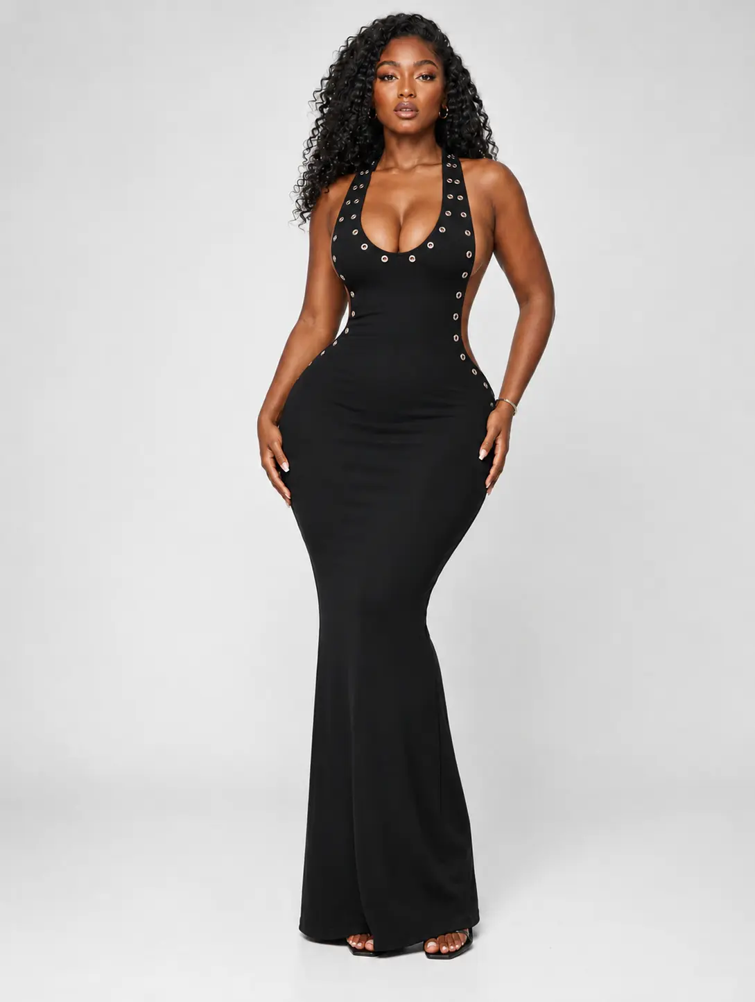 Sculpt Touch Women's Backless Bodycon Maxi Dress with Eyelet Detail, Elegant Evening Party Dress Fit Formal