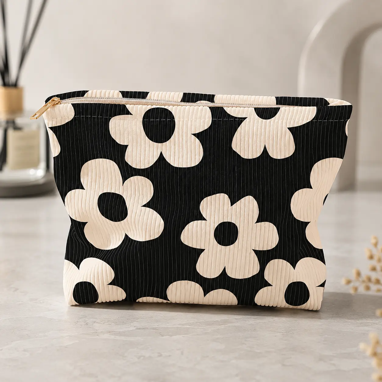 Floral Pattern Makeup Bag, Portable Zipper Cosmetic Organizer Pouch for Women Daily Makeup Accessories & Travel Toiletry Storage